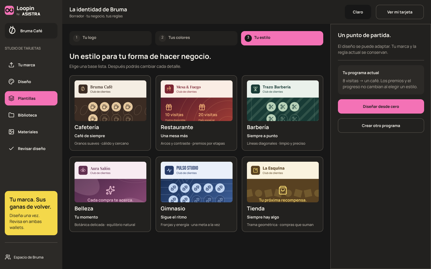Vista del Studio con una selección de estilos para la tarjeta.